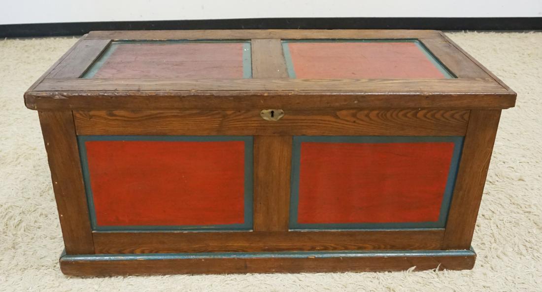 PAINT DECORATED CHESTNUT BLANKET BOX: PAINT DECORATED CHESTNUT PANELED BLANKET BOX W/CHAMPHOR WOOD LINING