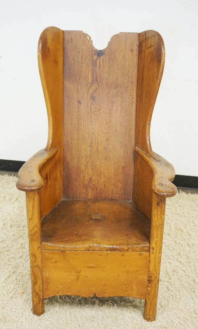 ANTIQUE PRIMITIVE PINE WING BACK ARMCHAIR: ANTIQUE PRIMITIVE PINE WING BACK FIRESIDE ARMCHAIR, APPROXIMATELY 24 IN X 24 IN X 43 IN HIGH