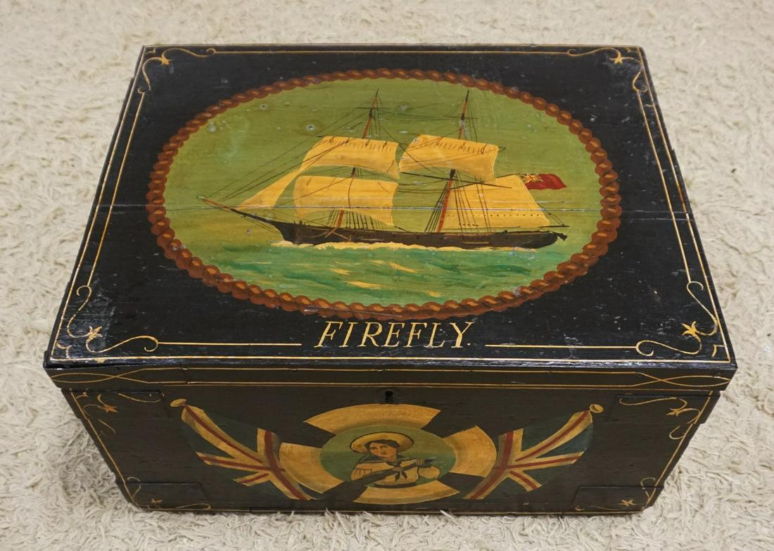 ANTIQUE PAINT DECORATED WOOD NAUTICAL CHART BOX: ANTIQUE PAINT DECORATED WOOD NAUTICAL CHART BOX *FIREFLY* APPROXIMATELY 23 IN X 18 IN X 12 IN HIGH
