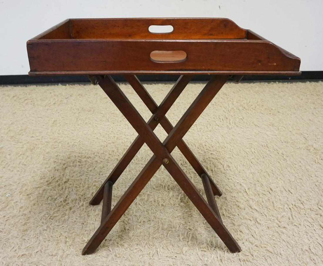 ANTIQUE MAHOGANY DOVETAILED BUTLERS TRAY TABLE: ANTIQUE MAHOGANY DOVETAILED FOLDING BUTLERS TRAY TABLE, APPROXIMATELY 29 IN X 19 IN X 33 IN HIGH