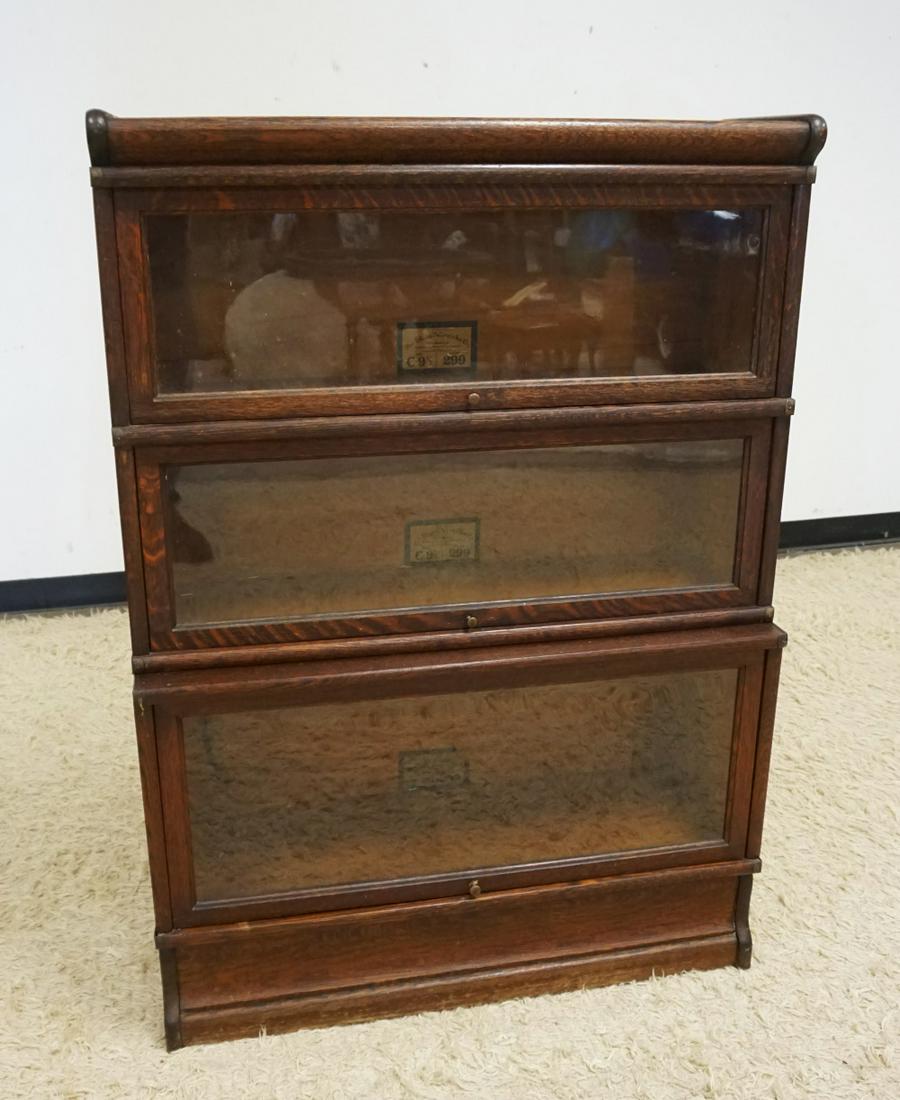 OAK 3 SECTION GLOBE WERNICKE BOOKCASE: OAK 3 SECTION GLOBE WERNICKE STEP BACK BOOKCASE, BOOKCASE APPROXIMATELY 44 IN X 12 IN X 49 IN HIGH
