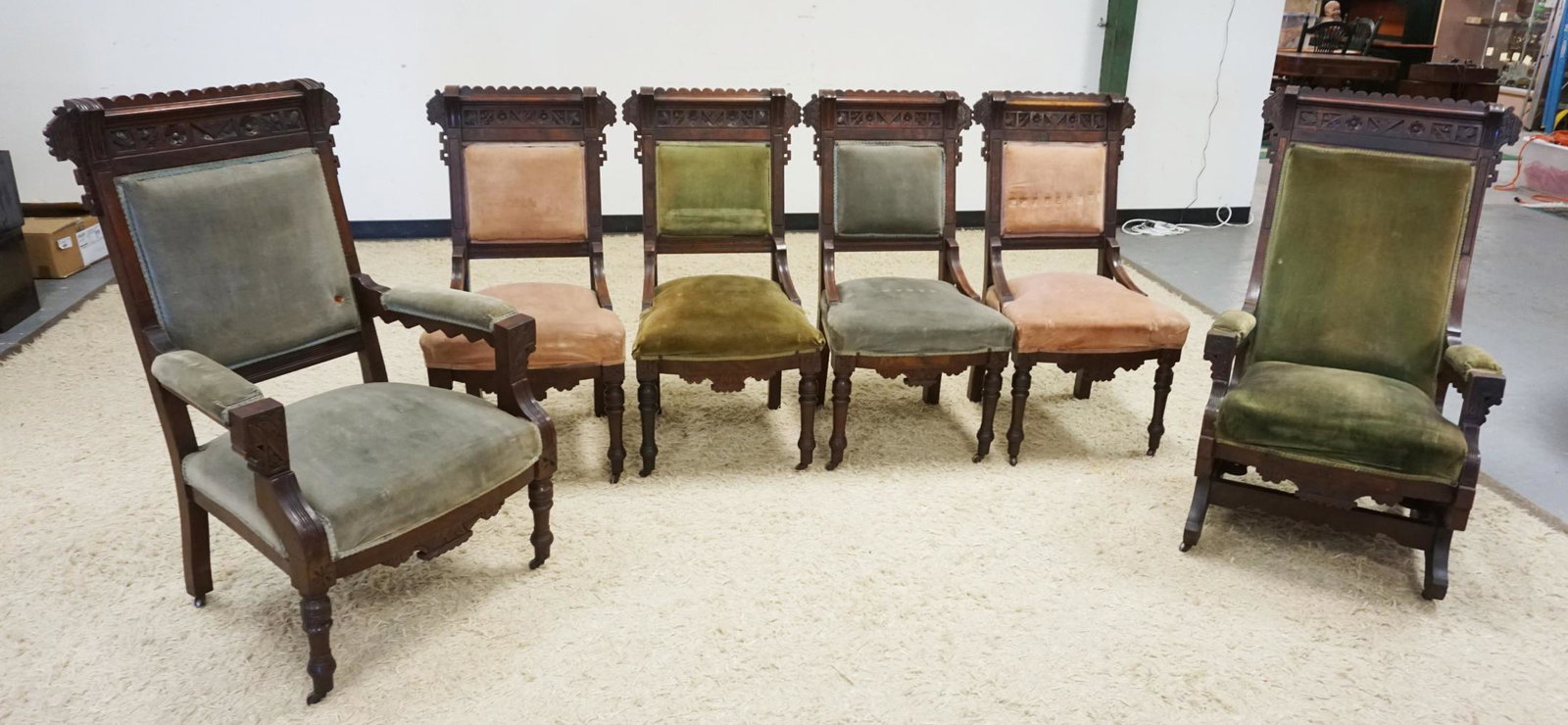 VICTORIAN WALNUT 6 PIECE PARLOR SET: VICTORIAN WALNUT 6 PIECE PARLOR SET, 4 SIDE CHAIRS, ONE ARMCHAIR & ONE PLATFORM ROCKER, UPHOLSTERY WORN