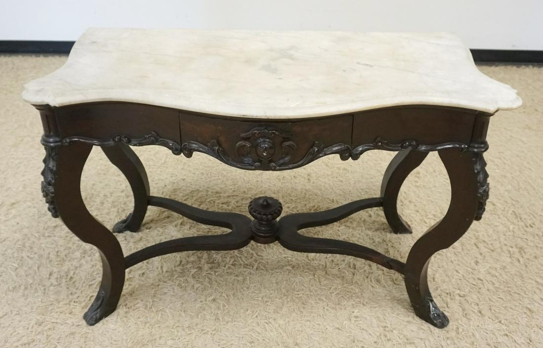 MARBLE TOP VICTORIAN CONSOLE TABLE: MARBLE TOP VICTORIAN CONSOLE TABLE W/ONE DRAWER, FRAME HAS SOME LOSS, IN NEED OF REPAIR, APPROXIMATELY 44 IN X 22 IN X 29 IN HIHG