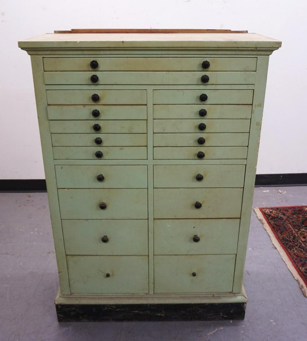 ANTIQUE WOOD DENTAL CABINET: ANTIQUE WOOD DENTAL CABINET, SOME DRAWERS W/ORIGINAL PORCELAIN INSERTS, APPROXIMATELY 13 IN X 32 IN X 46 IN