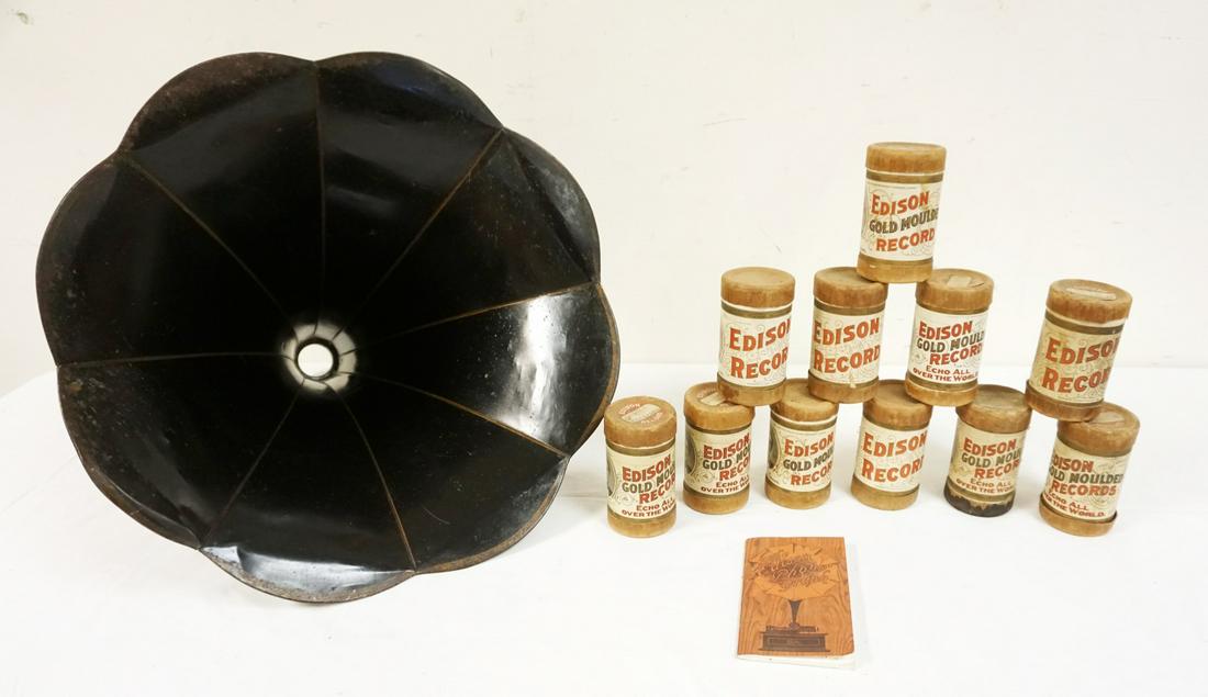 EDISON CYLINDER VICTROLA LOT 11 RECORDS: EDISON CYLINDER VICTROLA LOT 11 RECORDS, BOOK & HORN