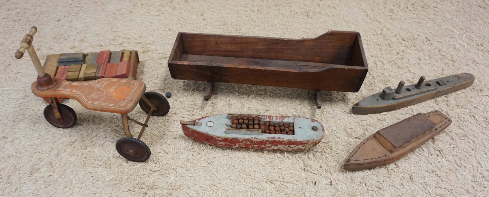 LOT OF ANTIQUE CHILDRENS WOOD TOYS: LOT OF ANTIQUE CHILDRENS WOOD TOYS INCLUDING SCOOTER & BATTLESHIPS