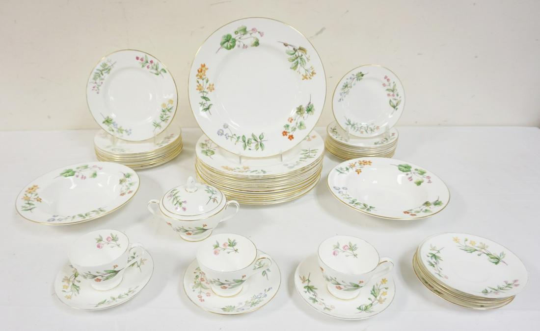 MINTON *MEADOW* BONE CHINA: MINTON *MEADOW* BONE CHINA INCLUDING 12-10 1/2 IN PLATES, 8-8 IN PLATES, 10-6 1/2 IN PLATES, 2-9 IN BOWLS, 8 SAUCERS, 3 CUPS, & COVERED SUGAR