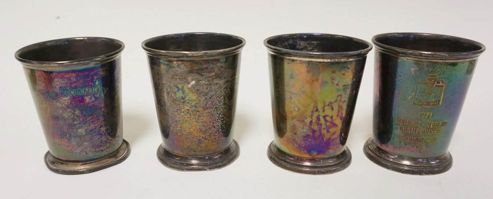 LOT OF 4 STERLING MUGS: LOT OF 4 STERLING MUGS, SOME DENTING ON BASE, 11.5 OZT