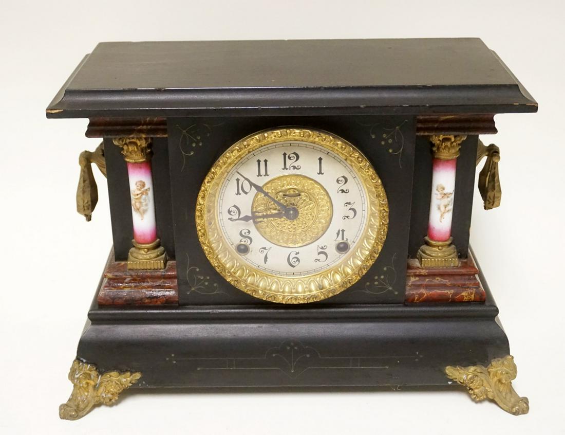 INGRAHAM VICTORIAN MANTLE CLOCK: INGRAHAM VICTORIAN MANTLE CLOCK IN BLACK WOOD EBONIZED CASE W/METAL MOUNTS & GARNITURES, APPROXIMATELY 7 IN X 16 IN X 11 IN HIGH