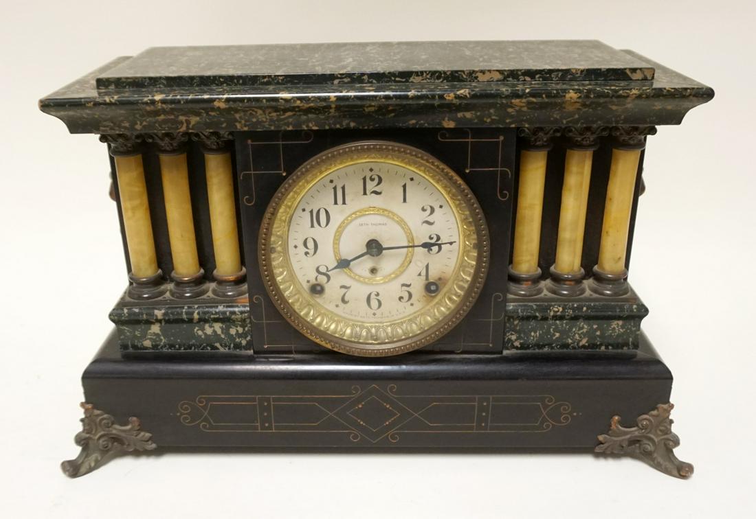 SETH THOMAS VICTORIAN MANTLE CLOCK: SETH THOMAS VICTORIAN MANTLE CLOCK IN EBONIZED & FAUX MARBLE WOOD CASE W/METAL MOUNTS & GARNITURES, APPROXIMATELY 18 IN X 7 IN X 11 1/4 IN HIGH