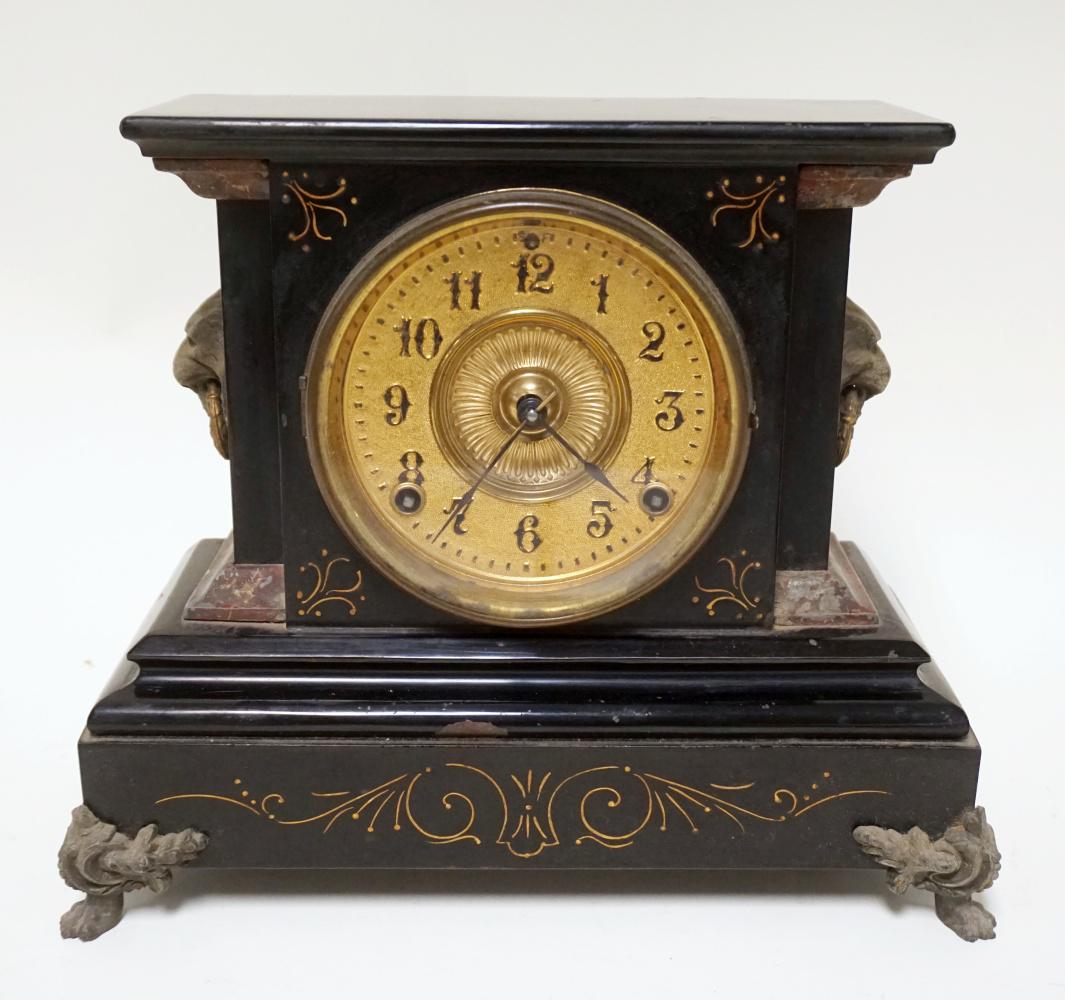 ANSONIA VICTORIAN MANTLE CLOCK: ANSONIA VICTORIAN MANTLE CLOCK IN CAST IRON CASE, APPROXIMATELY 6 IN X 13 IN X 10 1/2 IN HIGH