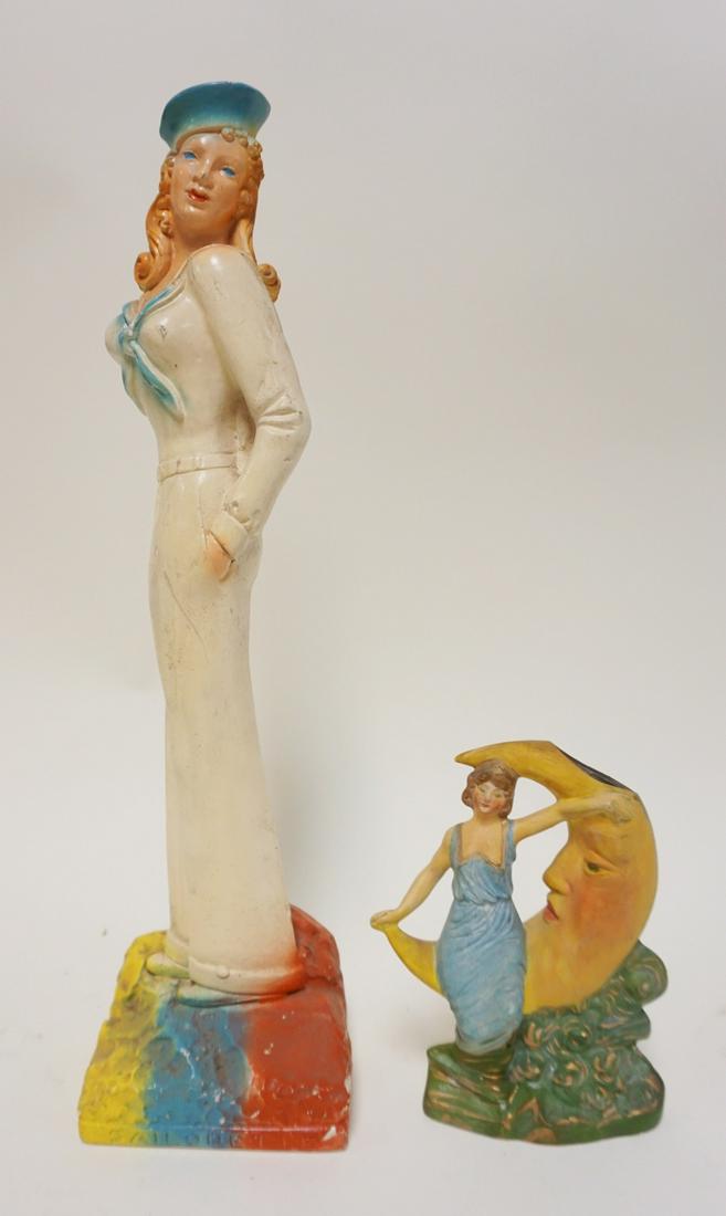 LOT CHALK CARNIVAL FIGURE OF A WOMAN, ETC: LOT CHALK CARNIVAL FIGURE OF A WOMAN IN SAILORS UNIFORM *SAILORETTE* & BISQUE FIGURE OF WOMAN SITTING ON CRESCENT MOON, LARGEST APPROXIMATELY 17 IN HIGH