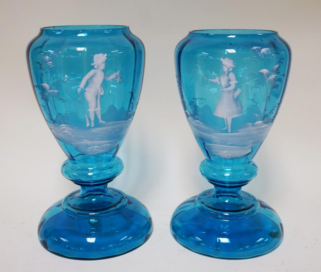 PAIR OF HAND PAINTED MARY GREGORY LARGE VASES: PAIR OF HAND PAINTED MARY GREGORY LARGE VASES, ONE W/RIM CHIP, APPROXIMATELY 12 1/2 IN HIGH