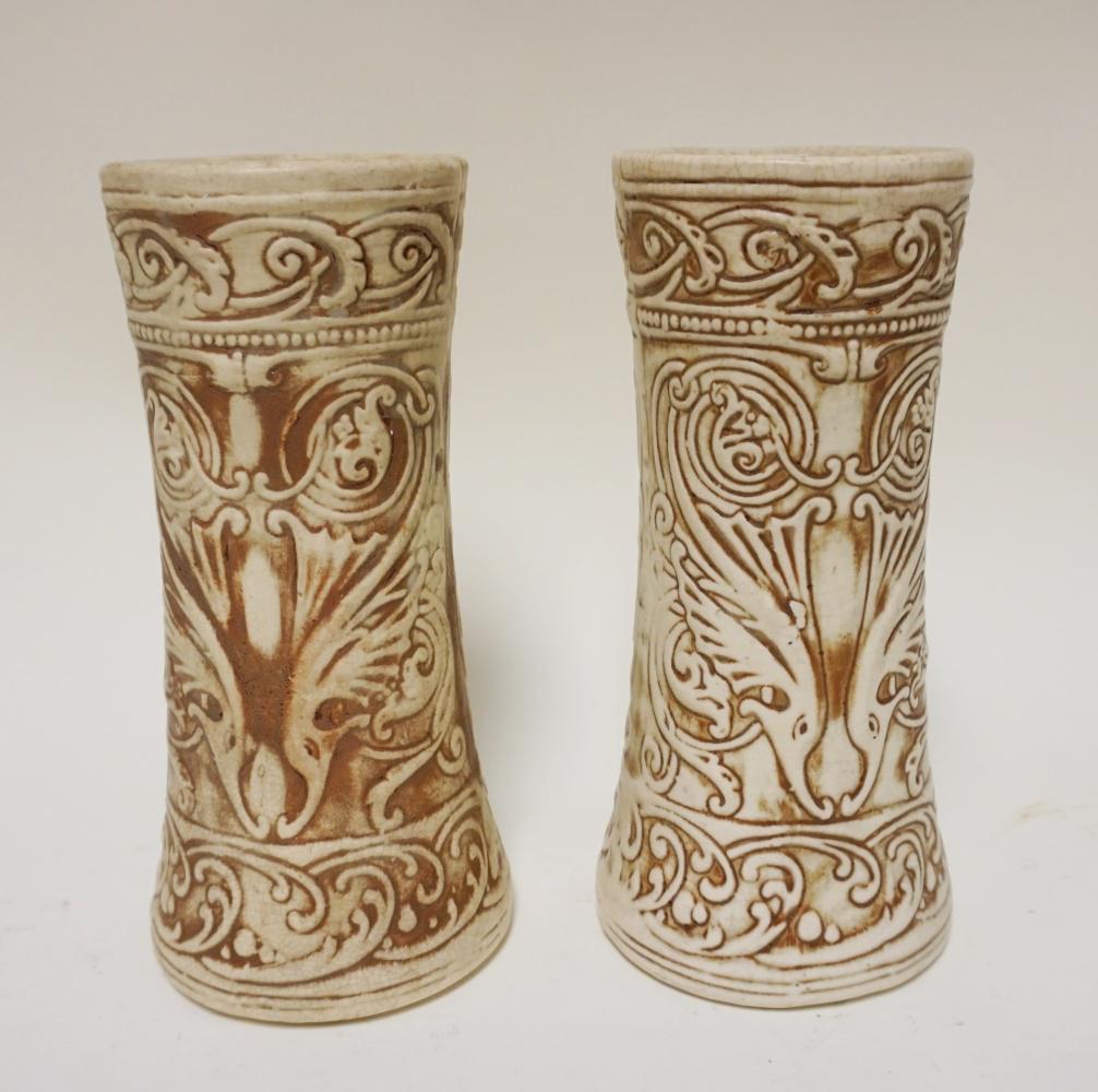 PAIR OF WELLER *CLINTON IVORY* ART NOUVEAU VASES: PAIR OF WELLER *CLINTON IVORY* ART NOUVEAU POTTERY VASES, APPROXIMATELY 10 IN HIGH