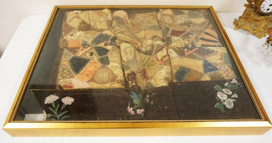 ANTIQUE QUILT IN SHADOW BOX FRAME: ANTIQUE QUILT IN SHADOW BOX FRAME, APPROXIMATELY 3 IN X 26 IN X 32 IN