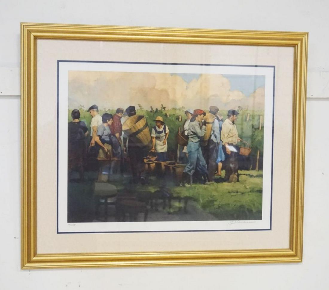 GREGORY MANCHESS SIGNED & NUMBERED PRINT: GREGORY MANCHESS SIGNED & NUMBERED PRINT *THE VENDANGEURS* 3/395, APPROXIMATELY 37 IN X 31 IN OVERALL