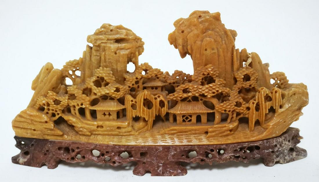 CARVED SOAPSTONE VILLAGE: CARVED SOAPSTONE VILLAGE, APPROXIMATELY 8 IN X 4 1/4 IN HIGH