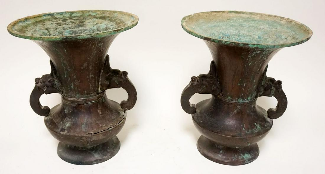PAIR OF BRONZE DOUBLE HANDLED URNS (1 of 10)