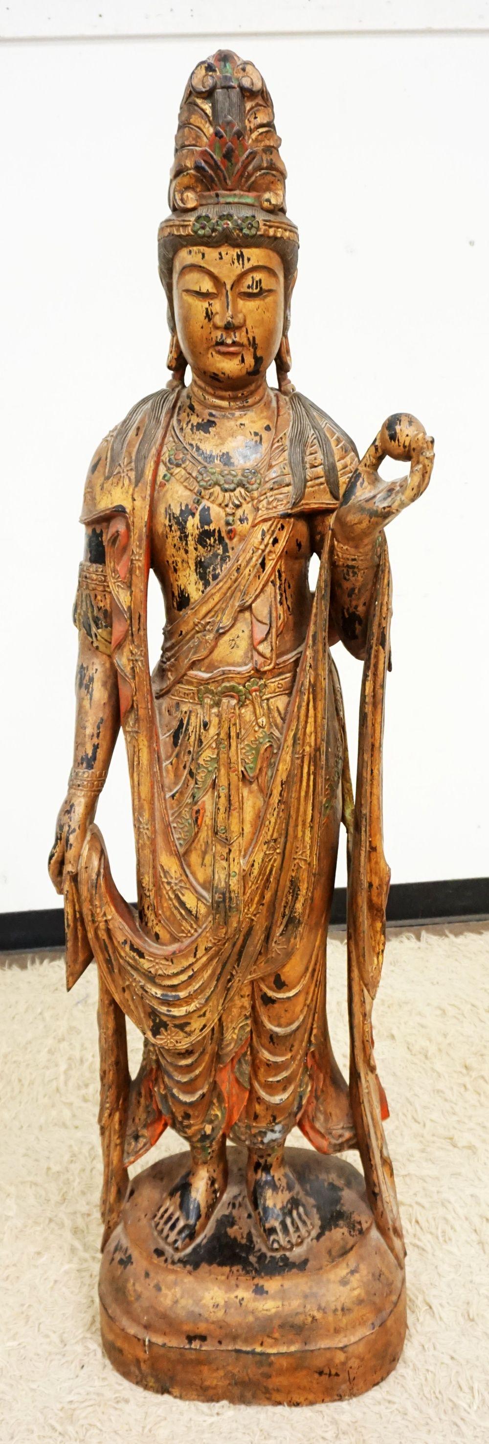 LIFE SIZE CARVED ASIAN WOOD STATUE (1 of 7)