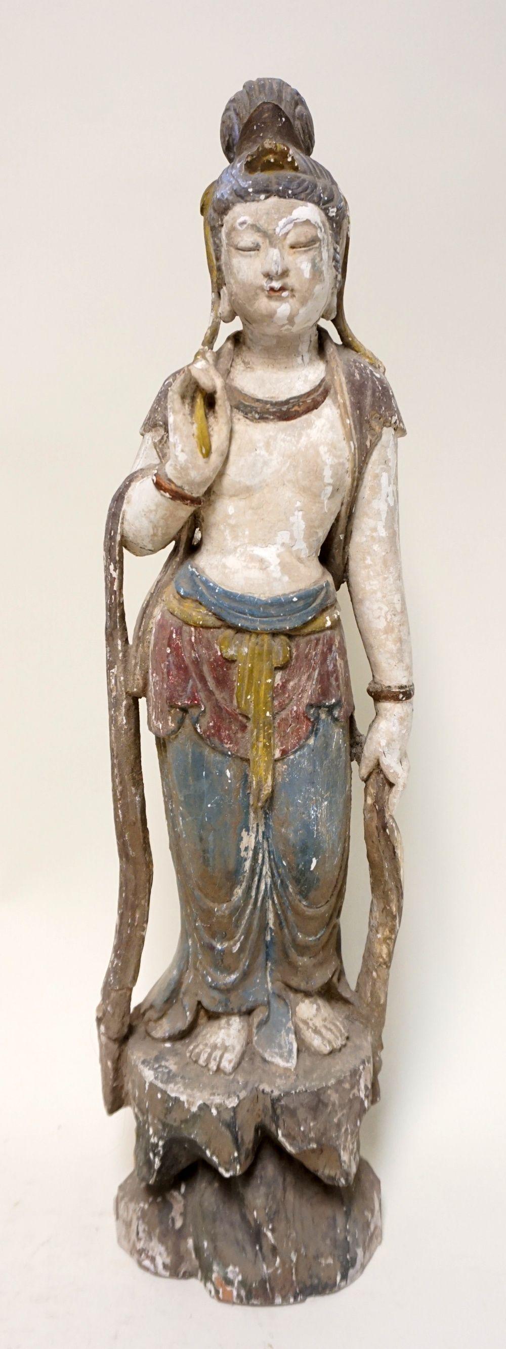 ANTIQUE CARVED WOOD POLYCHROME ASIAN FIGURE (1 of 5)