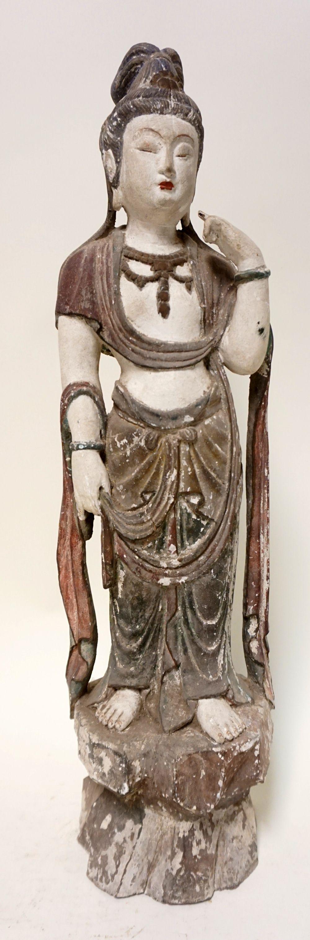 ANTIQUE CARVED WOOD POLYCHROME ASIAN FIGURE (1 of 5)