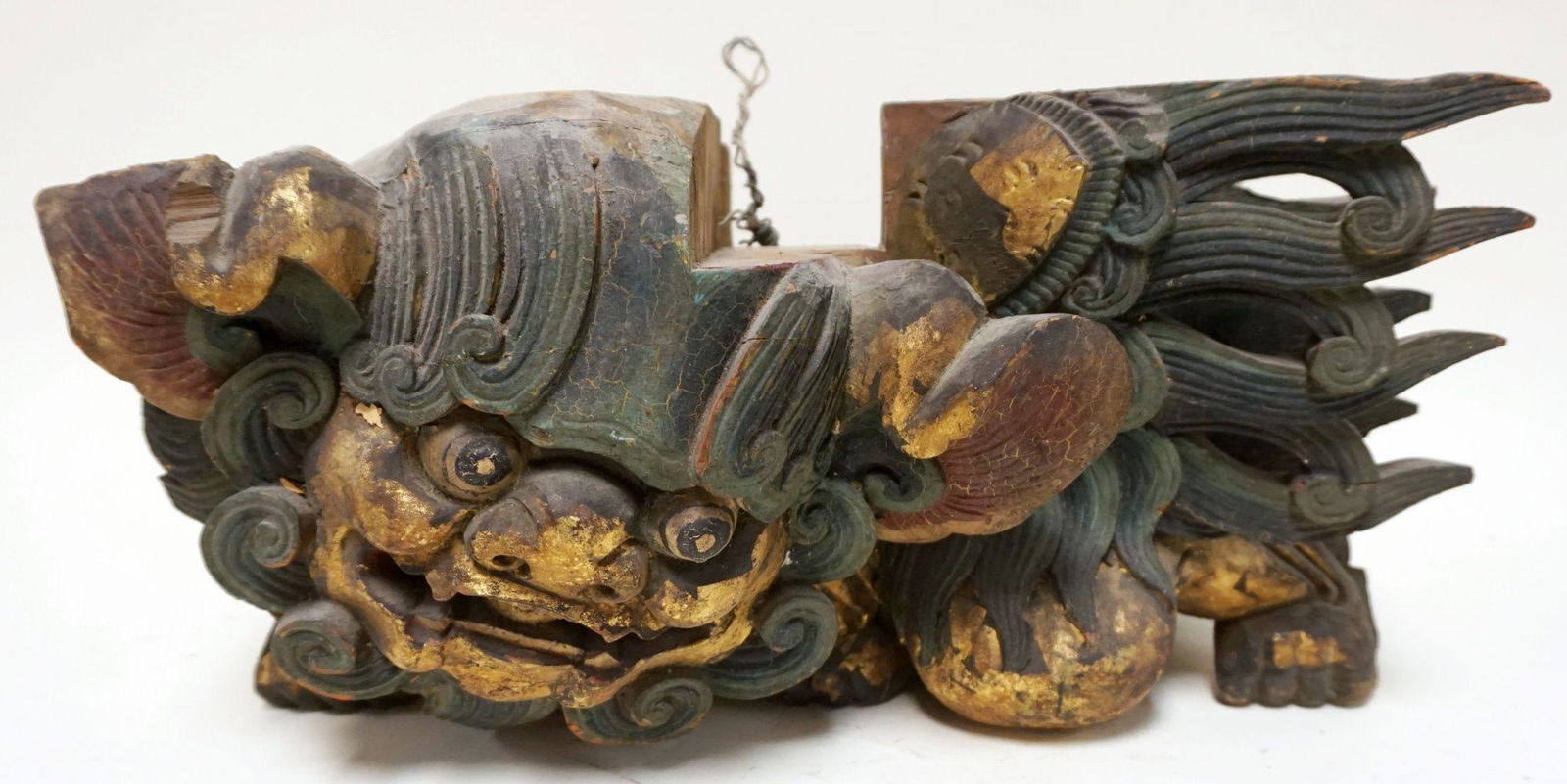 LARGE CARVED WOOD POLYCHROME FOO DOG (1 of 2)