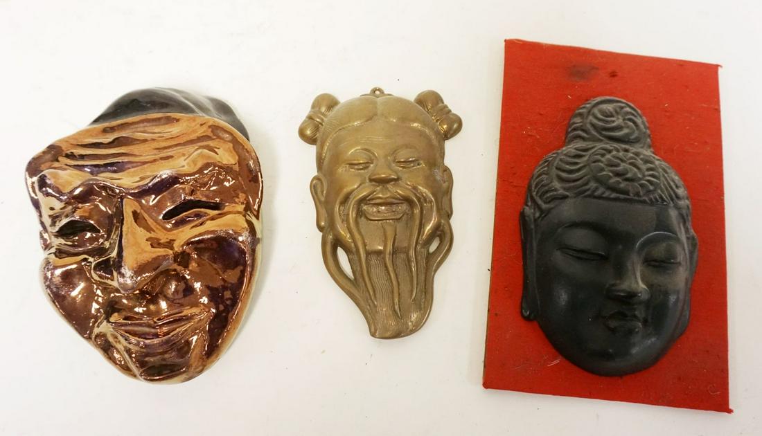 LOT OF 3 POTTERY & METAL ASIAN MASKS (1 of 2)