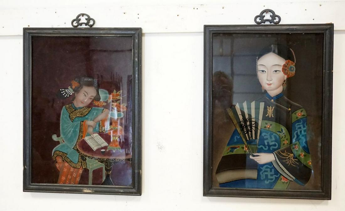 2 ASIAN REVERSE PAINTINGS ON GLASS (1 of 3)