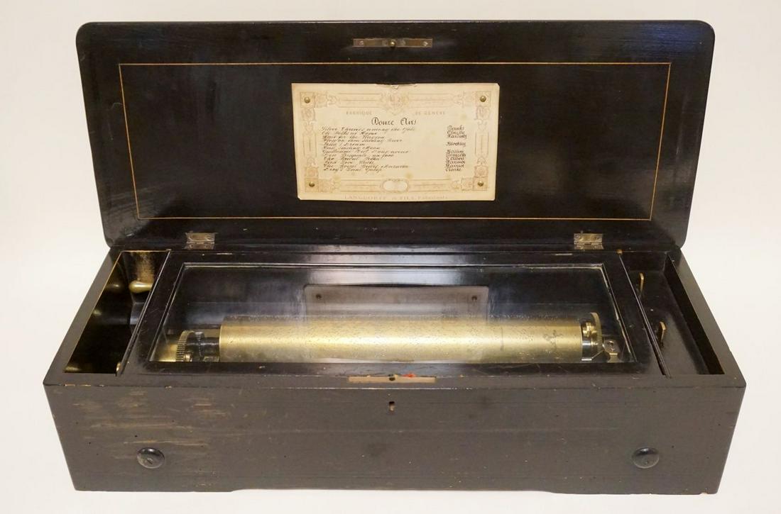 SWISS MUSIC BOX LANGDORFF & FILS: SWISS MUSIC BOX LANGDORFF & FILS W/INLAID TOP, APPROXIMATELY 9 IN X 22 1/2 IN X 6 IN HIGH