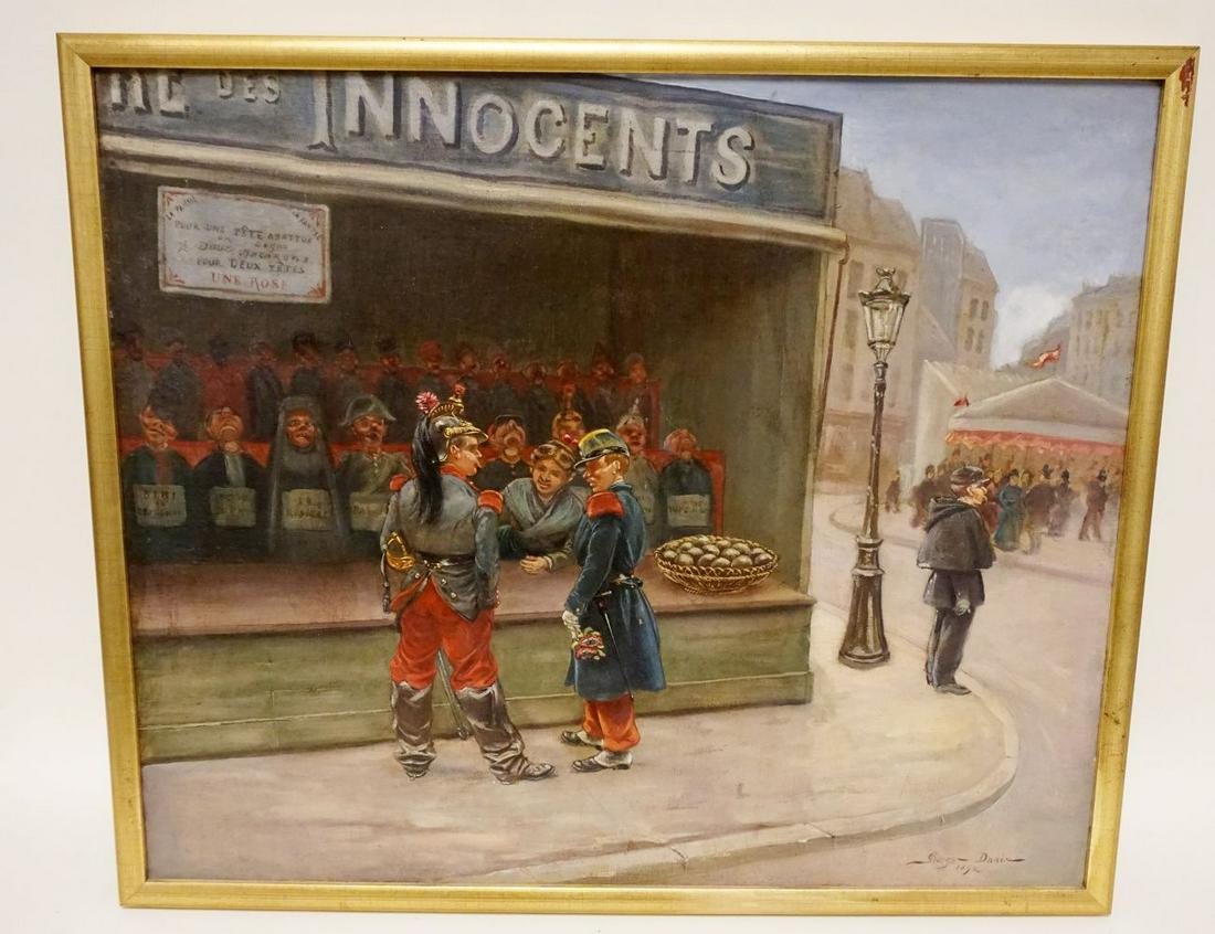 ANTIQUE OIL PAINTING ON CANVAS OF SOLDIERS: ANTIQUE OIL PAINTING ON CANVAS OF SOLDIERS IN FRONT OF WHAT APPEARS TO BE AN ARCADE, SIGNED GEORGE DANIR 1892, APPROXIMATELY 27 IN X 22 1/2 IN OVERALL
