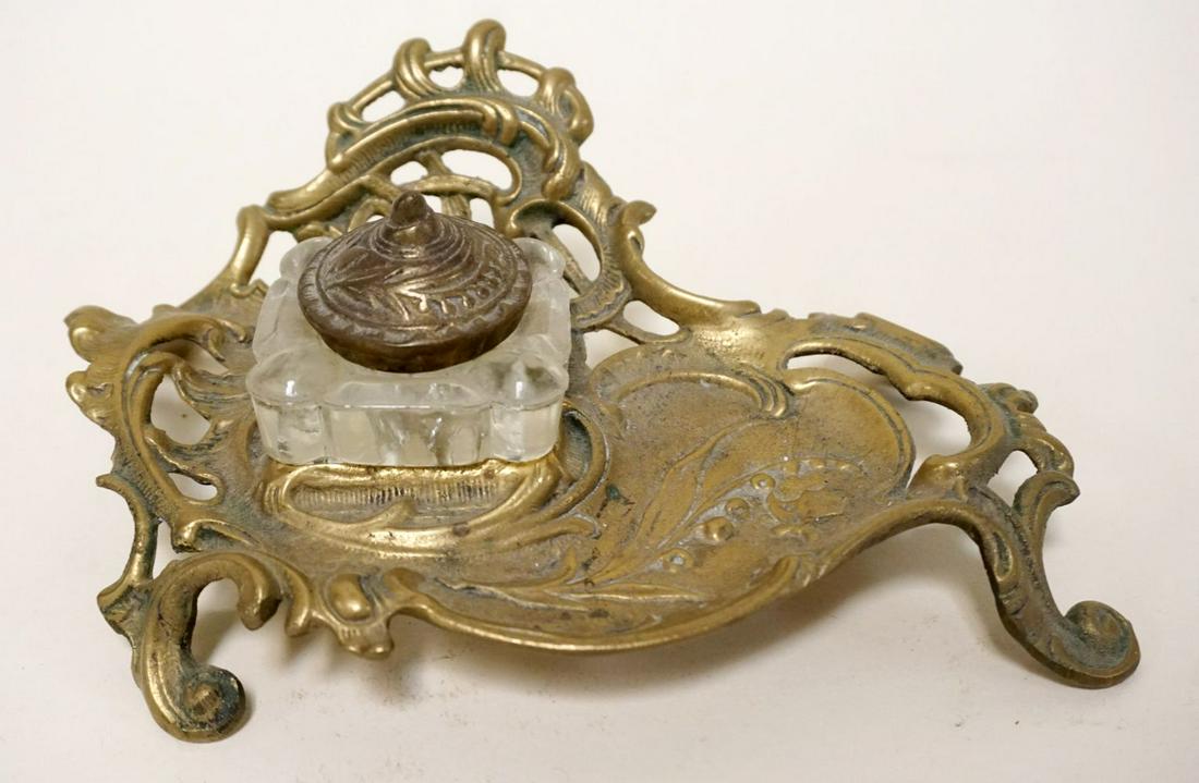 ORNATE VICTORIAN BRASS & GLASS INKWELL (1 of 2)