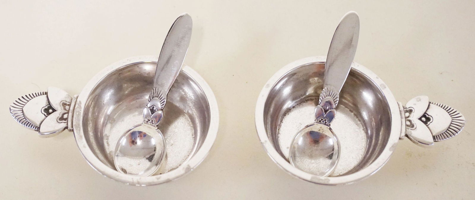 GEORG JENSEN 2 STERLING SALTS W/SPOONS (1 of 3)