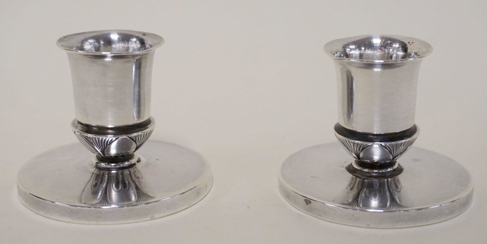 GOERG JENSEN CACTUS PATTERN STERLING CANDLESTICKS: GOERG JENSEN CACTUS PATTERN STERLING CANDLESTICKS, 3.16 OZT, APPROXIMATELY 2 IN HIGH