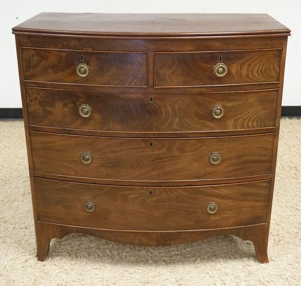 ANTIQUE MAHOGANY BOW FRONT 5 DRAWER CHEST: ANTIQUE MAHOGANY BOW FRONT 5 DRAWER CHEST, APPROXIMATELY 42 IN X 21 IN X 42 IN HIGH