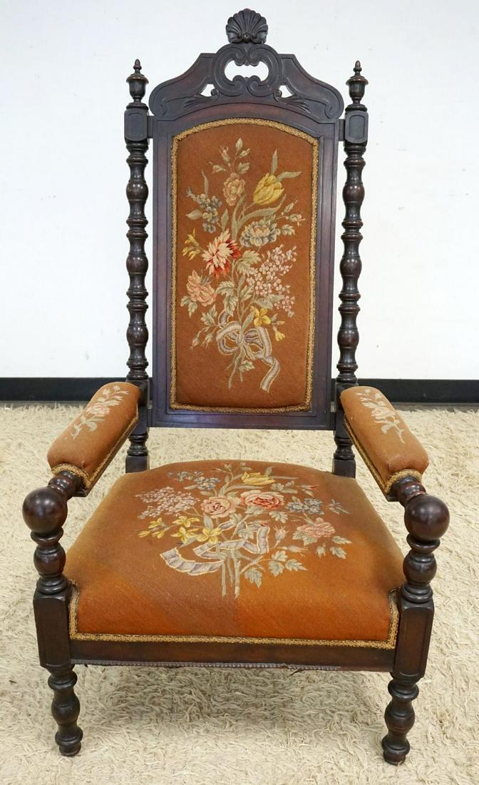 HIGH BACK WALNUT VICTORIAN UPHOLSTERED ARMCHAIR (1 of 2)