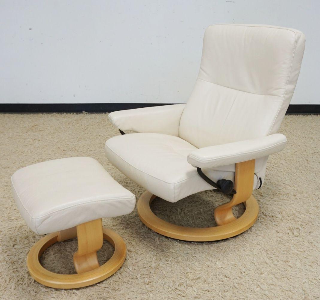 MODERN KORNES LEATHER SWIVEL & RECLINING CHAIR: MODERN KORNES LEATHER SWIVEL & RECLINING CHAIR W/OTTOMAN, NORWAY, CHAIR APPROXIMATELY 33 IN WIDE X 38 IN HIGH