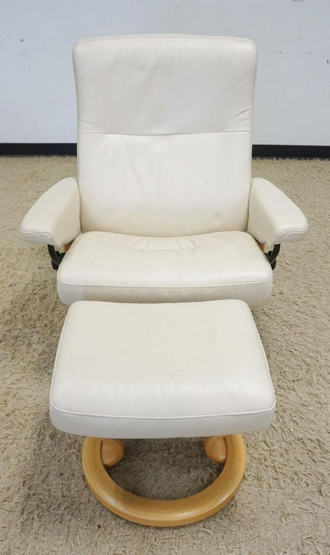 MODERN KORNES LEATHER SWIVEL & RECLINING CHAIR: MODERN KORNES LEATHER SWIVEL & RECLINING CHAIR W/OTTOMAN, NORWAY, CHAIR APPROXIMATELY 33 IN WIDE X 38 IN HIGH