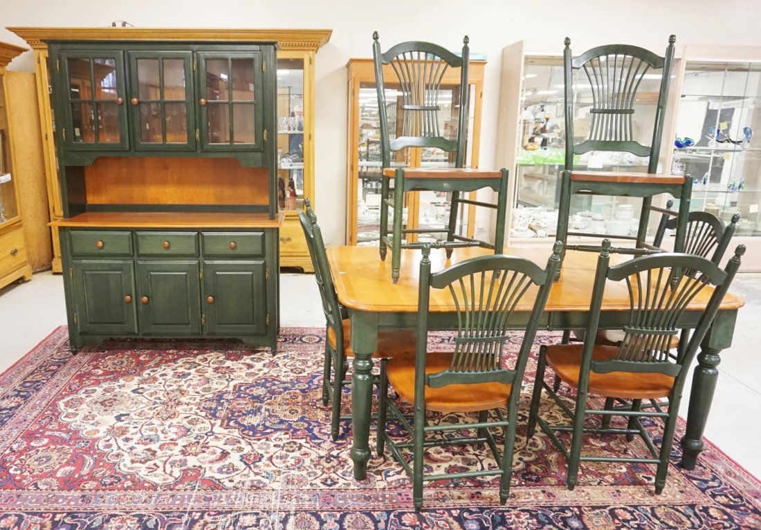 DINETTE SET: DINETTE SET INCLUDING TABLE WITH 1 LEAF APPROXIMATELY 42 IN X 64 IN X 30 IN H, 6 CHAIRS AND HUTCH 53 IN X 18 IN X 73 IN H. TABLE TOP HAS SURFACE WEAR