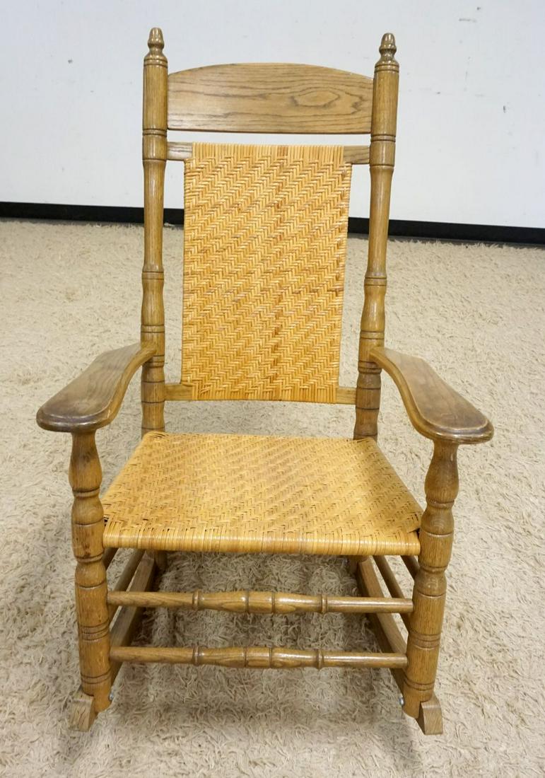 BUMBY CHAIR CO OAK PORCH ROCKER: BUMBY CHAIR CO OAK PORCH ROCKER W/WOVEN BACK & SEAT
