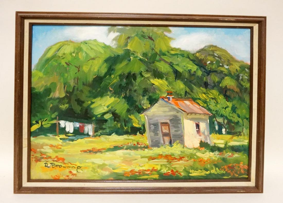 SIGNED OIL ON CANVAS PAINTING: SIGNED D. BROWNING OIL ON CANVAS PAINTING OF A RURAL SCENE. APP. 23 IN X 27 IN OVERALL