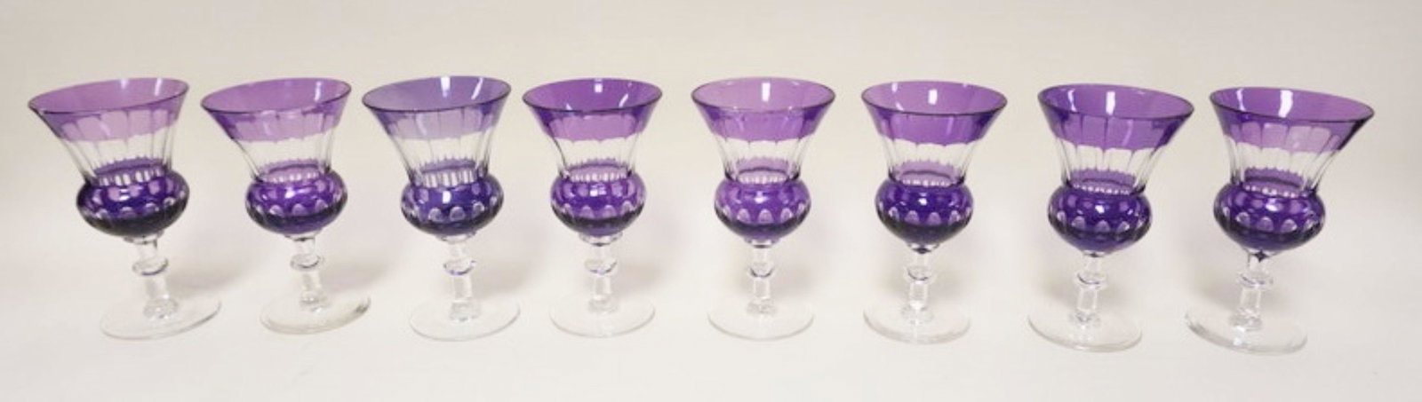 AMETHYST TO CLEAR GOBLETS: AMETHYST GROUND TO CLEAR GOBLETS, SET OF 8, APPROXIMATELY 7 IN H