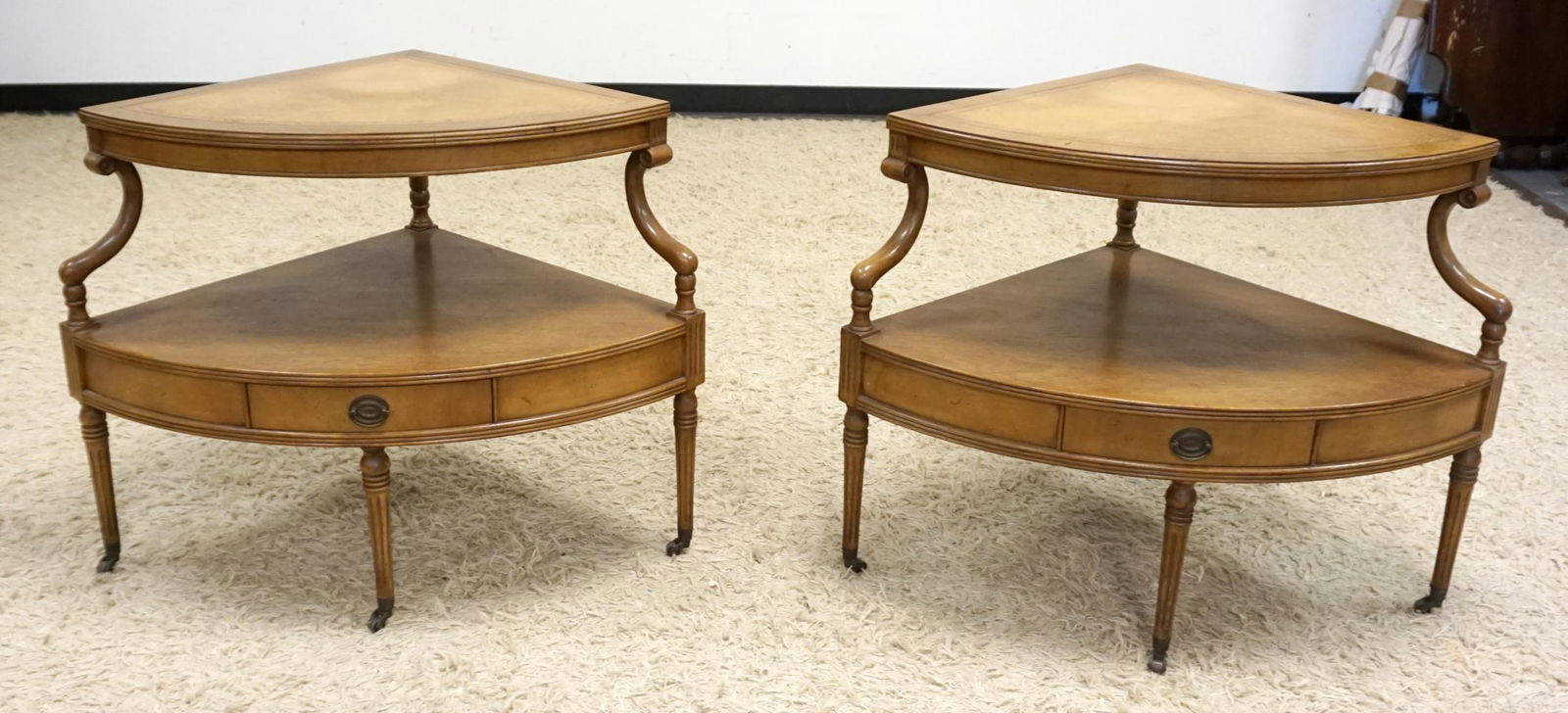 PAIR OF BLOND MAHOGANY LEATHER TOP CORNER STANDS (1 of 3)