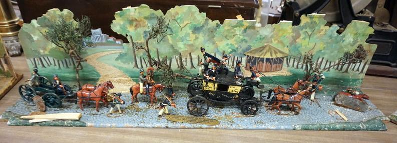3 LARGE HAND MADE AND PAINTED DIORAMAS: 3 LARGE HAND MADE AND PAINTED DIORAMAS, DEPICTING BATTLES AND COACH SCENE, LARGEST APPROXIMATELY 9 IN X 38 IN X 9 IN H, ALL HAVE SOME LOSSES