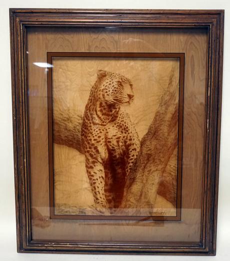 REVERSED GLASS IMAGE OF SPOTTED PANTHER: FRAMED REVERSE GLASS IMAGE OF SPOTTED PANTHER, ARTIST SIGNED, APPROXIMATELY 28 IN X 35 IN