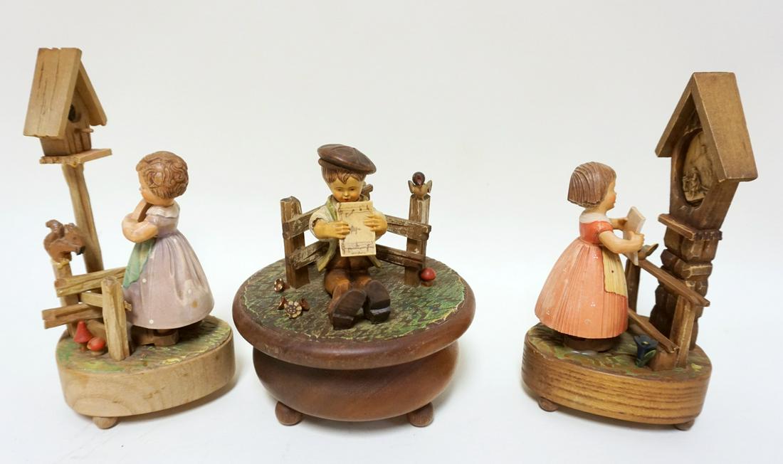LOT OF 3 SWISS WOOD FIGURAL MUSIC BOXES: LOT OF 3 SWISS WOOD FIGURAL MUSIC BOXES, TALLEST APPROXIMATELY 9 1/2 IN