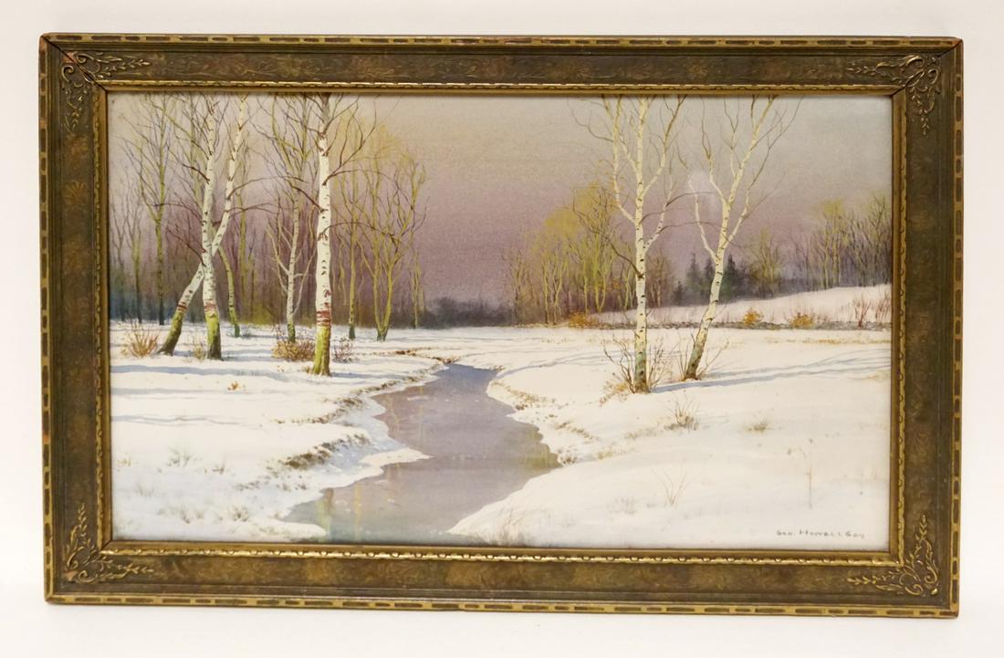GEORGE HOWEL GAY SIGNED WATERCOLOR: GEORGE HOWEL GAY SIGNED WATERCOLOR WINTER SCENE W/STREAM & BIRCH TREES, APPROXIMATELY 15 IN X 21 IN OVERALL