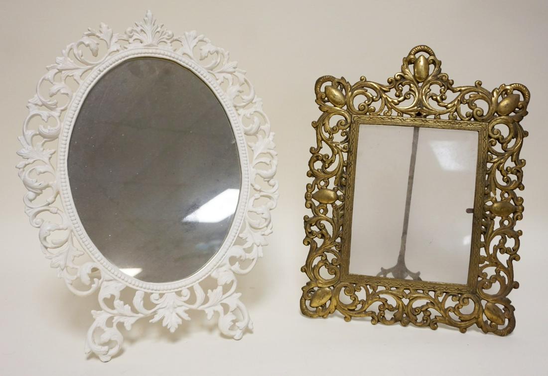 ORNATE BRASS & IRON MIRROR & FRAME: ORNATE BRASS & IRON MIRROR & FRAME, TABLE TOP, LARGEST APPROXIMATELY 19 IN HIGH