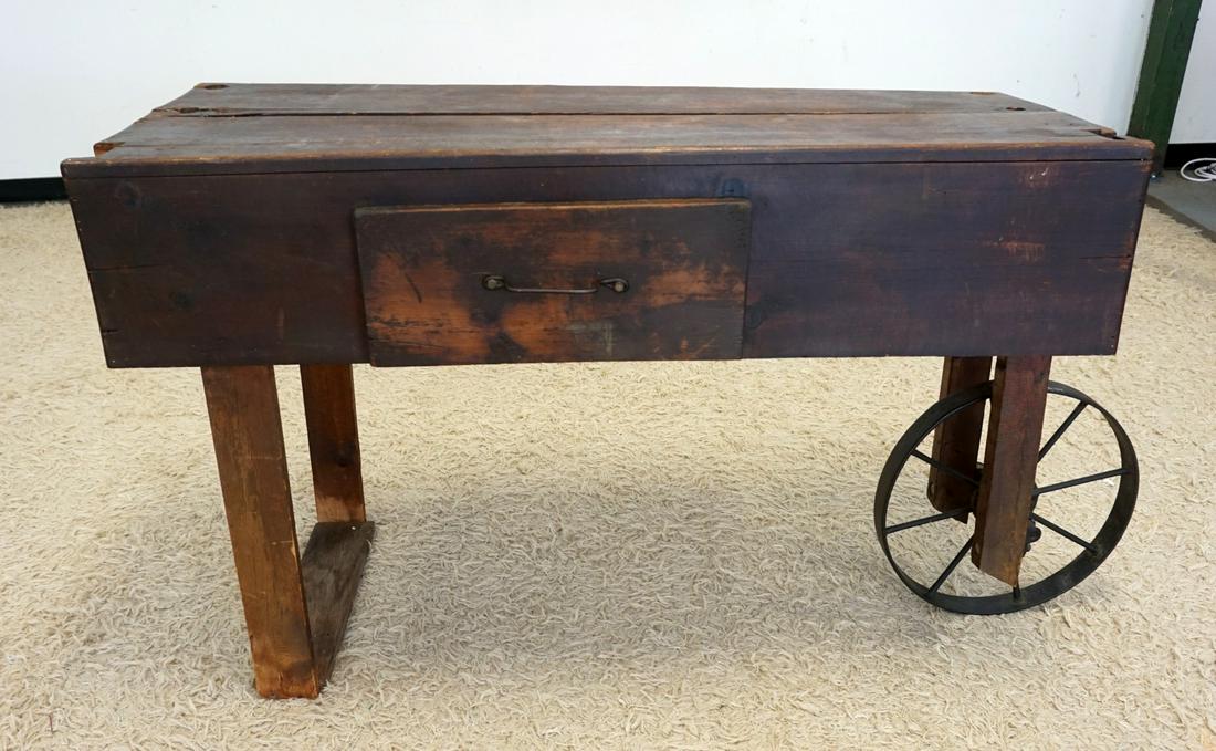PRIMITIVE WOOD INDUSTRIAL/FLORIST STYLE CART: PRIMITIVE WOOD INDUSTRIAL/FLORIST STYLE CART W/ONE DRAWER & METAL WHEEL, APPROXIMATELY 55 IN X 19 IN X 30 IN HIGH