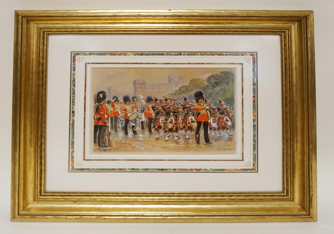 MAURICE TOUSSAINT SIGNED WATERCOLOR: MAURICE TOUSSAINT SIGNED WATERCOLOR SCOTLAND GUARD, APPROXIMATELY 21 IN X 24 IN OVERALL