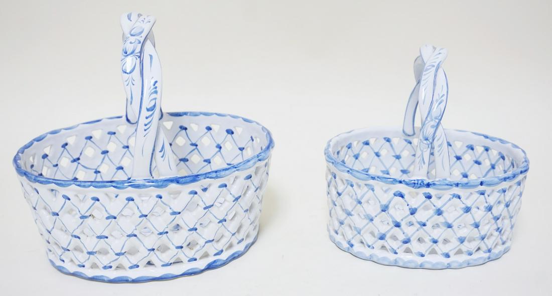 HAND PAINTED PORTUGUESE POTTER BASKETS: HAND PAINTED PORTUGUESE POTTER BASKETS, LARGEST APPROXIMATELY 10 IN HIGH